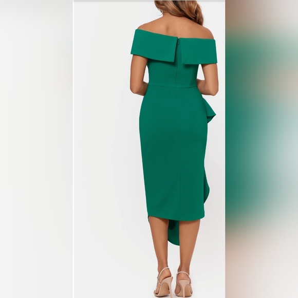 Betsy & Adam Off Shoulder Ruffle Dress Wedding Bridesmaid Emerald Green Size 12 - Picture 2 of 9